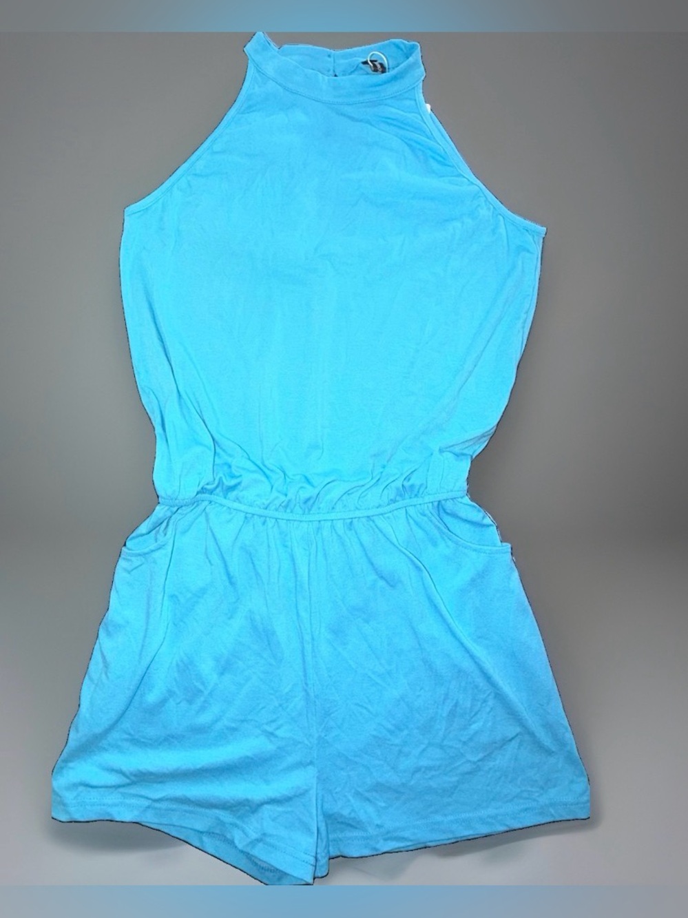 Merokeety Women’s Teal Aqua Shorts Jumper Romper Casual Comfort Halter Sz M